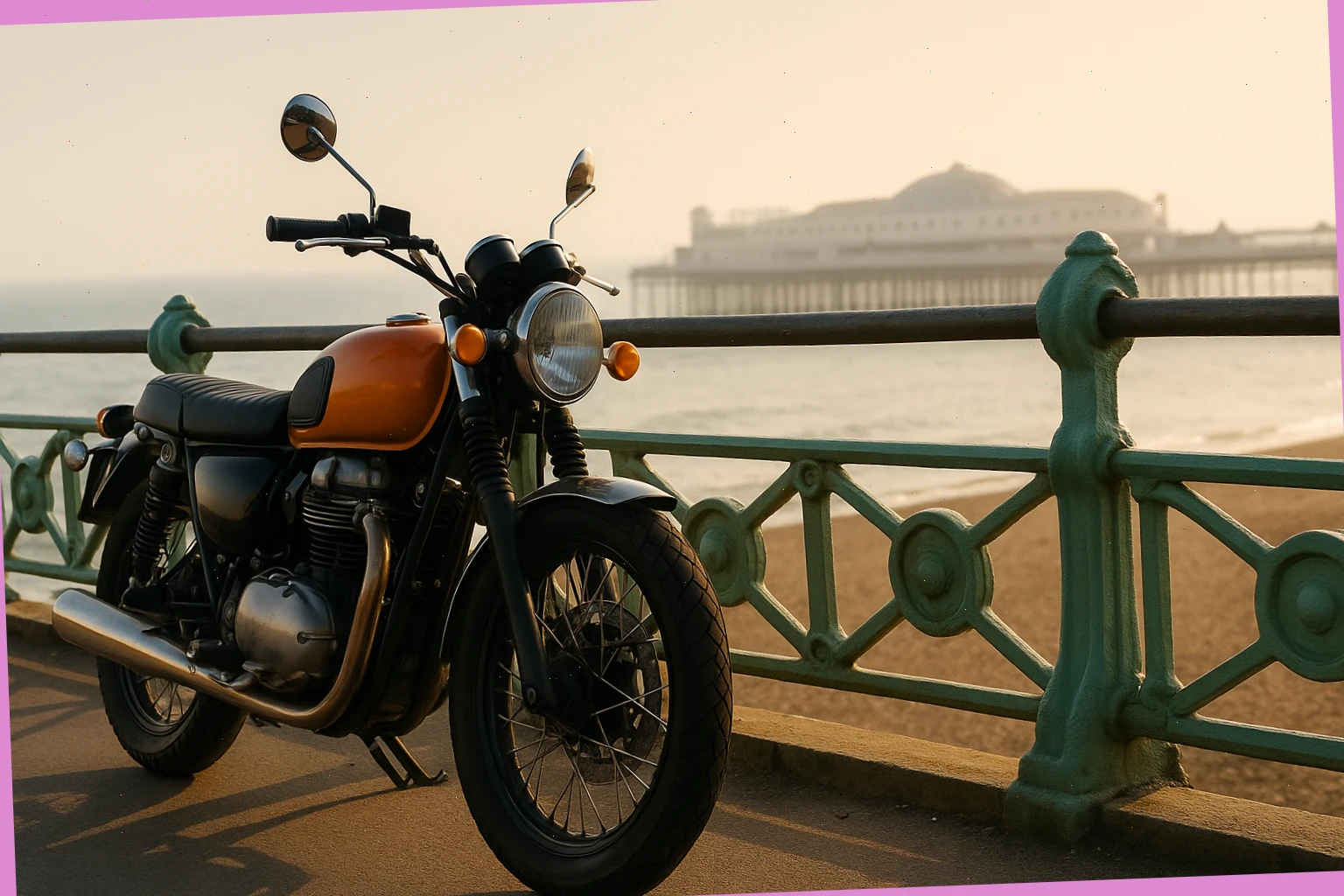 Retro bike paused by Brighton seafront railing with the pier in soft haze
