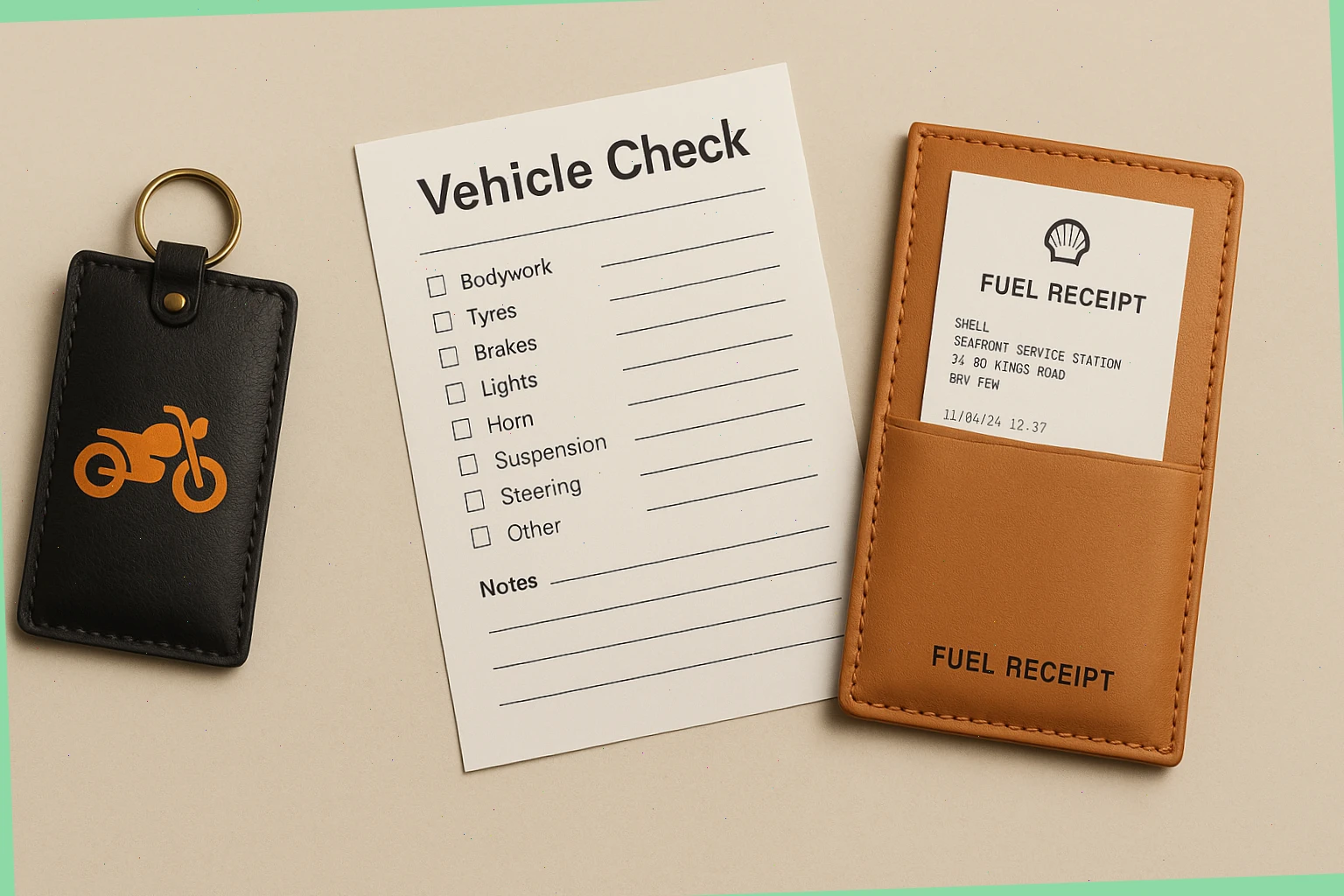 Key pouch, check sheet and fuel receipt wallet laid out on a clean counter