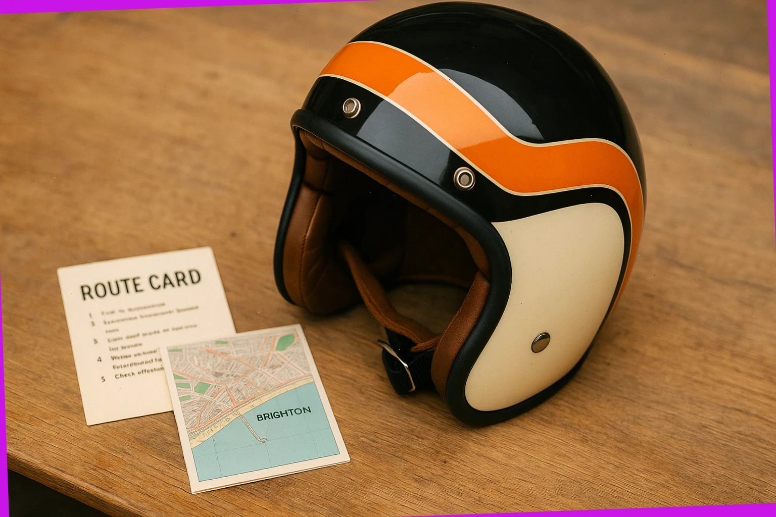 Open-face helmet beside a folded route card and small Brighton street map