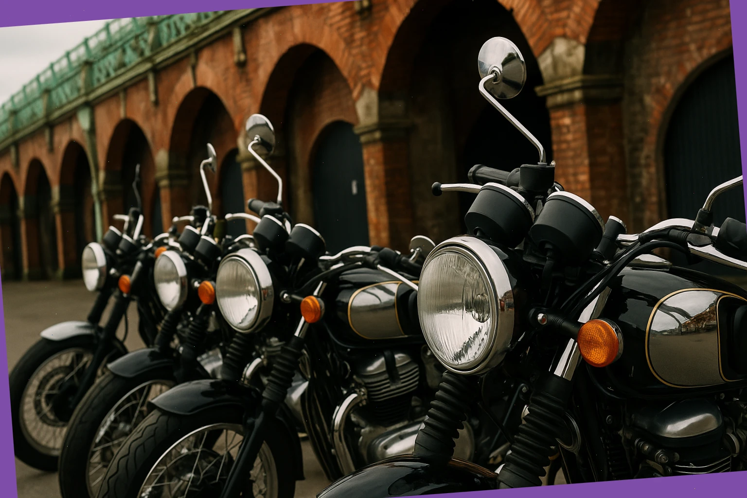 Row of polished retro motorcycles with round headlights lined up outside a Brighton archway