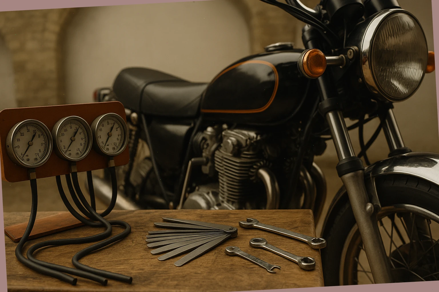 Workbench with carb sync tool, feeler gauges and classic twin-cylinder waiting for setup